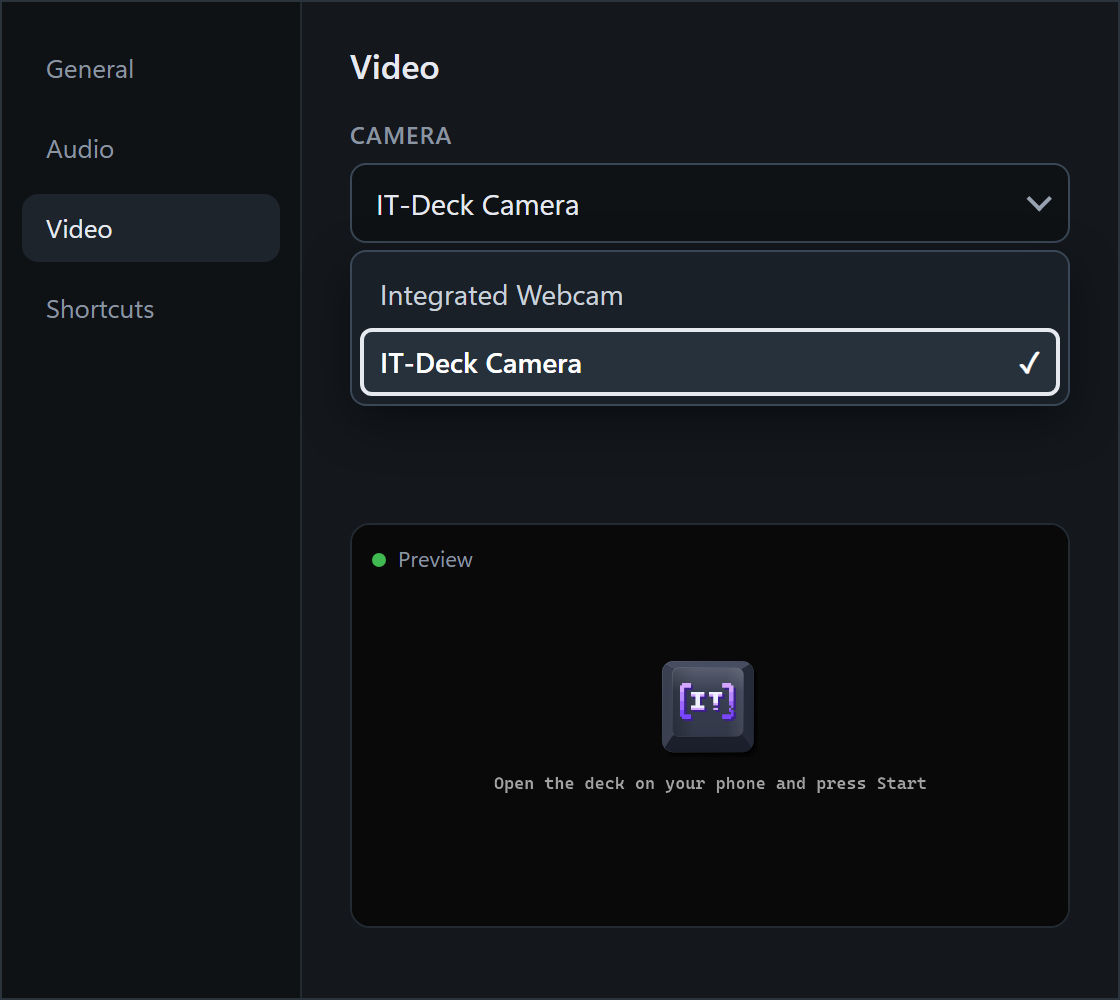 Настройки камеры в условном видеоприложении: список «Camera» с выбранной IT-Deck Camera и окно предпросмотра с заставкой IT-Deck