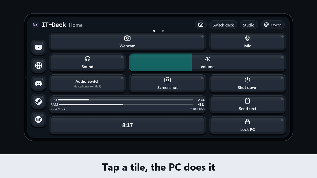 A 10-second loop of the deck held sideways: a tap on Mic turns the tile red, a finger drags the Volume slider from 40 to 75 percent, then a swipe slides from the Home deck to the Gamer deck